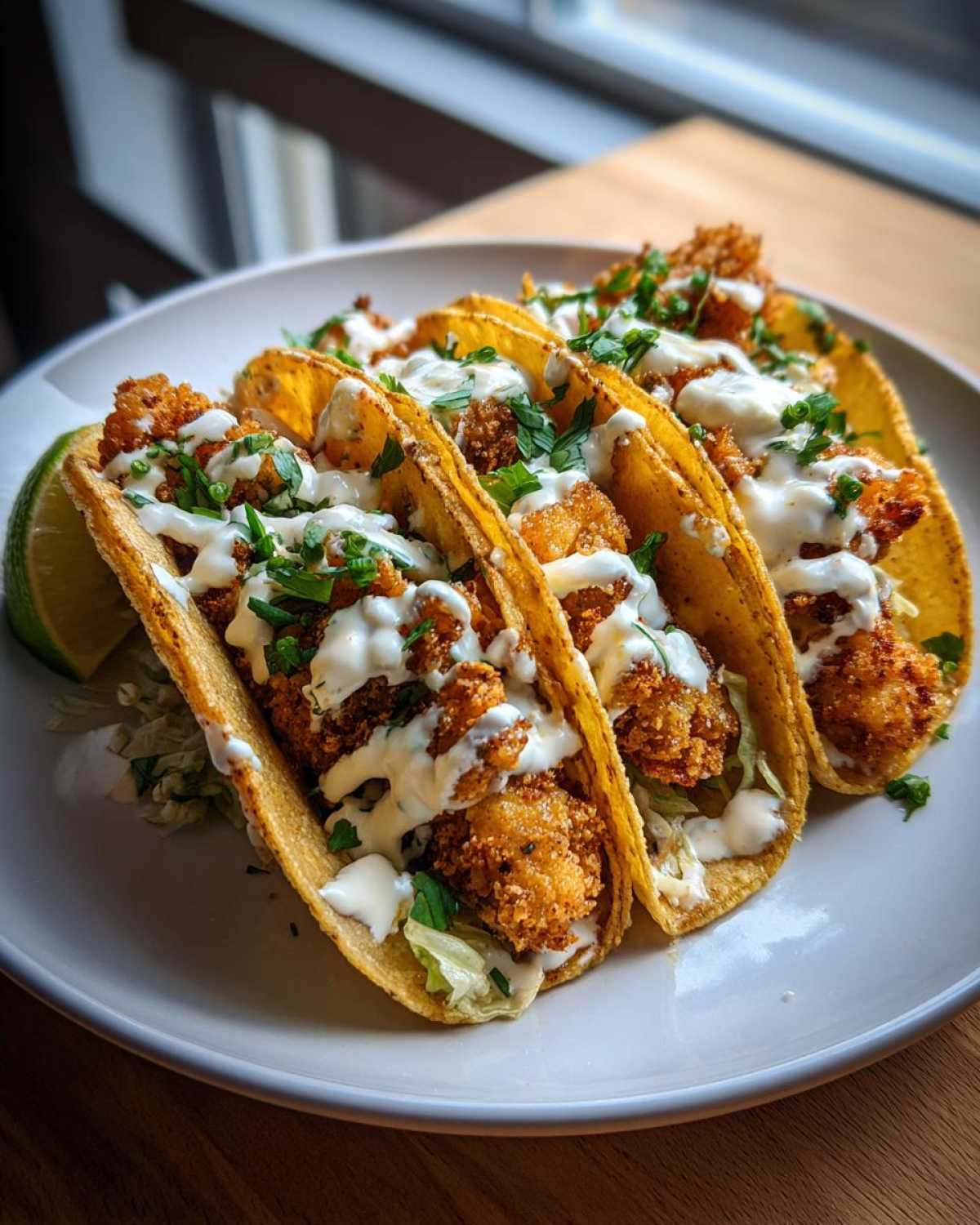 Close-up of three crispy chicken tacos filled with shredded lettuce, topped with creamy sauce and fresh cilantro, served with a lime wedge.