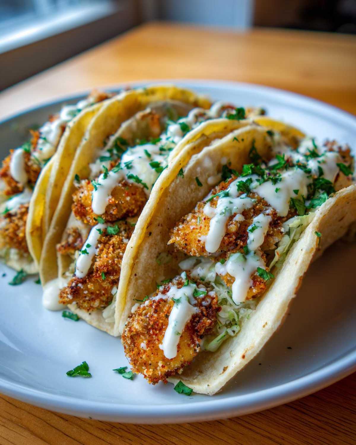 Four Crispy Chicken Tacos filled with shredded lettuce, topped with white sauce and cilantro.