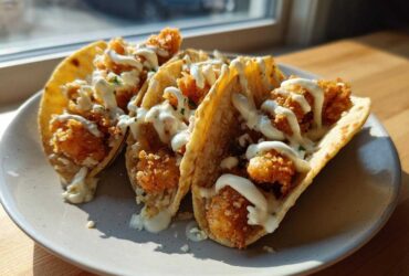 Three crispy chicken tacos drizzled with garlic lime sauce, served on a light gray plate near a window.