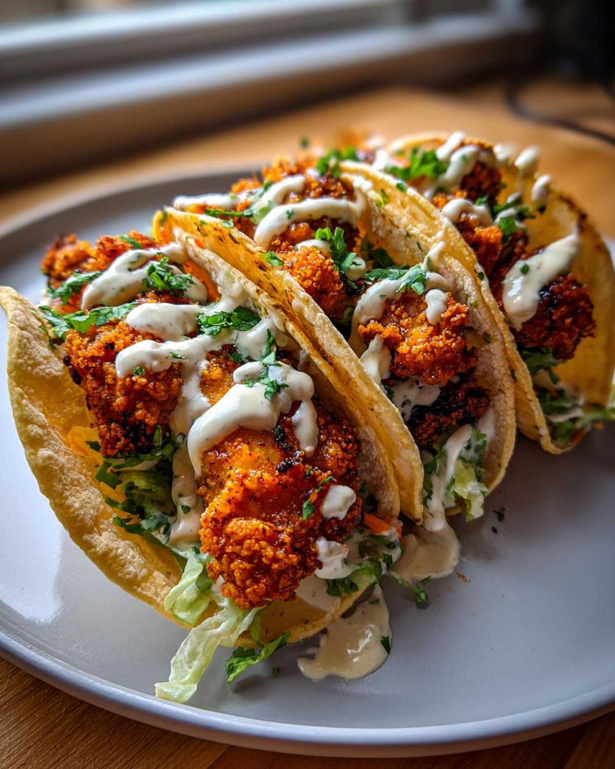 Four crispy chicken tacos filled with shredded lettuce, crispy chicken, and drizzled generously with garlic lime sauce.