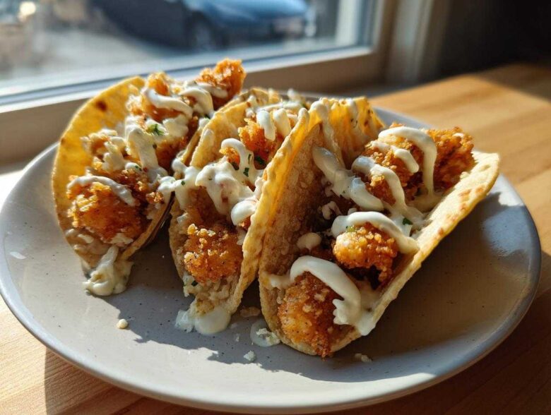 Three crispy chicken tacos drizzled with garlic lime sauce, served on a light gray plate near a window.