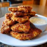A stack of golden brown Crispy Chicken Tenders served on a white plate next to a small bowl of Garlic Parmesan Dip.