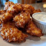 A plate piled high with golden brown Crispy Chicken Tenders next to a small white bowl of Garlic Parmesan Dip.