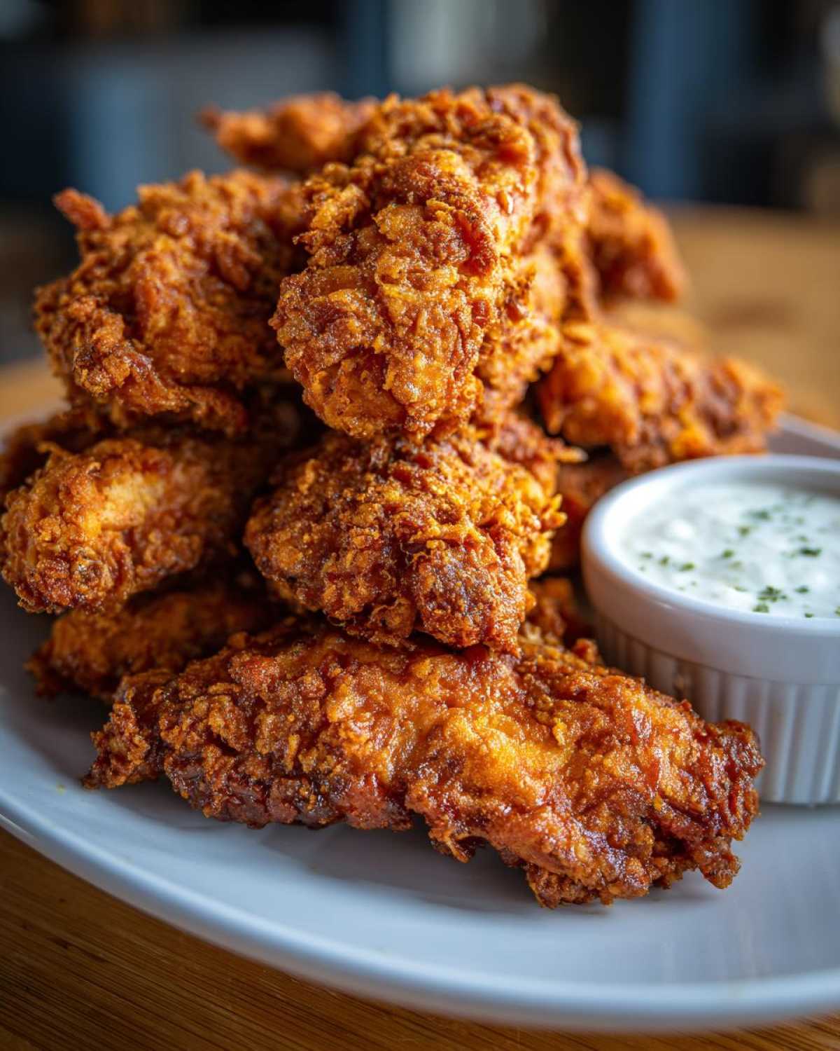 A close-up of a large pile of golden brown, crispy chicken tenders served with a small ramekin of Garlic Parmesan Dip.
