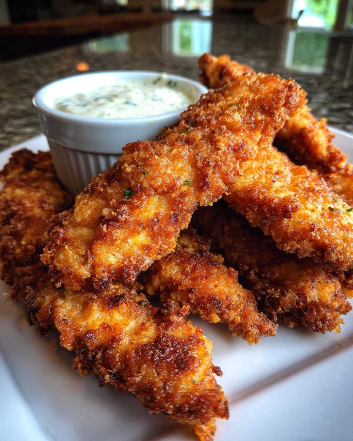 A pile of golden brown, crispy chicken tenders served with a small ramekin of creamy Garlic Parmesan Dip.