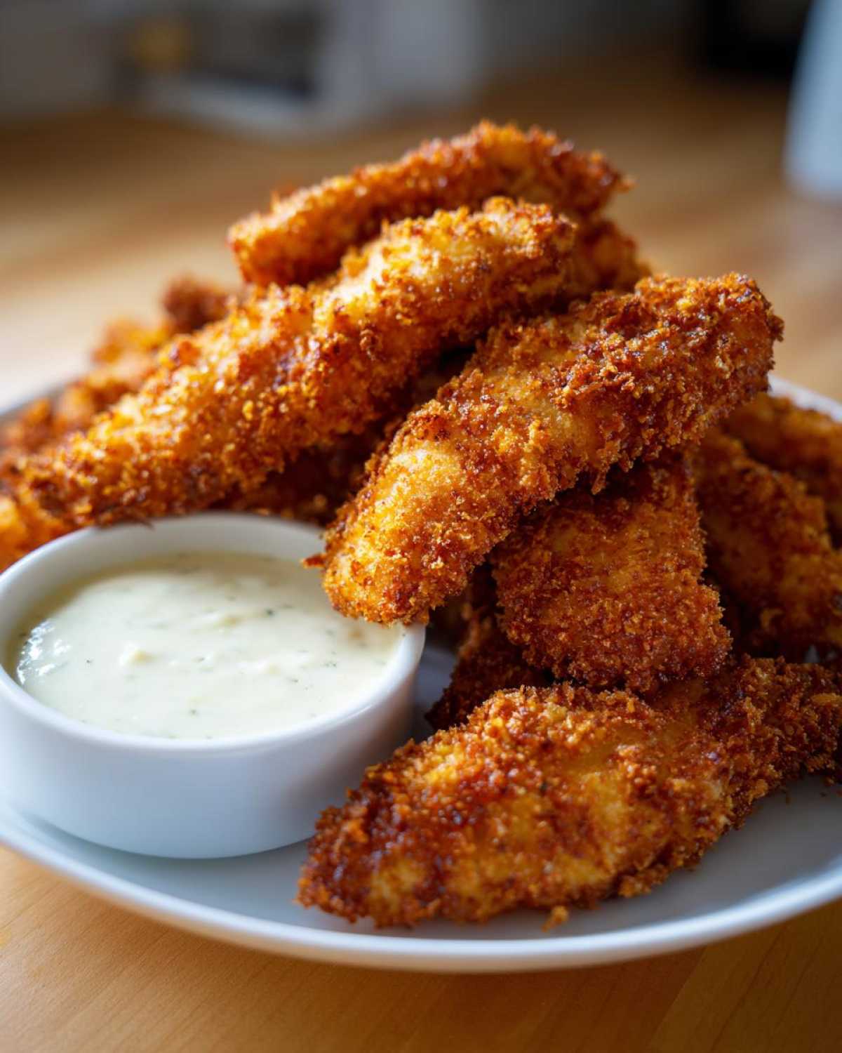 A pile of golden brown Crispy Chicken Tenders served with a small white bowl of Garlic Parmesan Dip.