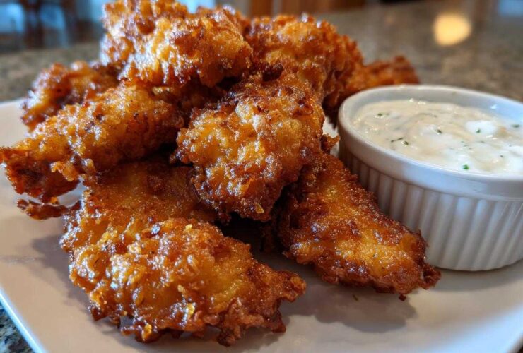 A plate piled high with golden brown Crispy Chicken Tenders next to a small white bowl of Garlic Parmesan Dip.