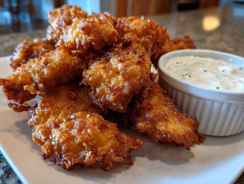 A plate piled high with golden brown Crispy Chicken Tenders next to a small white bowl of Garlic Parmesan Dip.