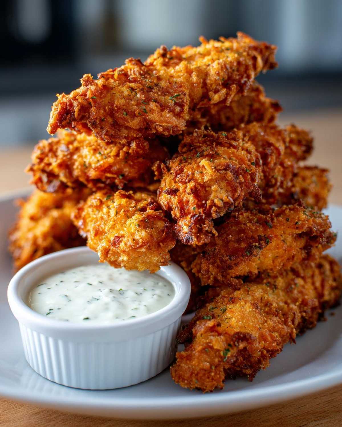 A tall stack of golden brown, crispy chicken tenders served with a side of creamy Garlic Parmesan Dip.