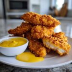 A pile of golden brown, crispy chicken tenders served with a side of bright yellow honey mustard dip.