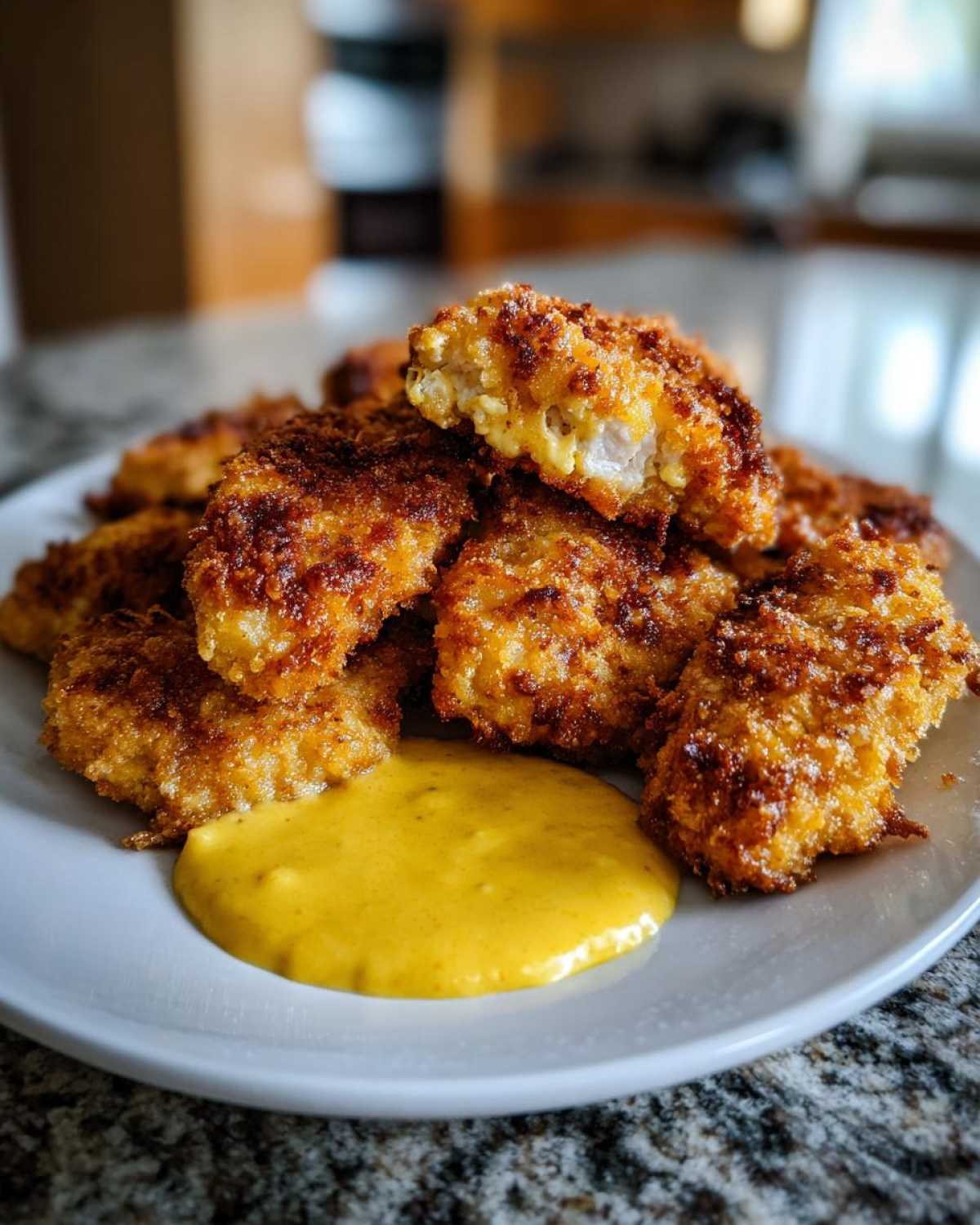 A plate piled high with golden brown Crispy Chicken Tenders next to a pool of bright yellow honey mustard sauce.
