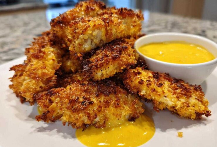 A pile of golden brown Crispy Chicken Tenders served with a side of bright yellow honey mustard sauce.