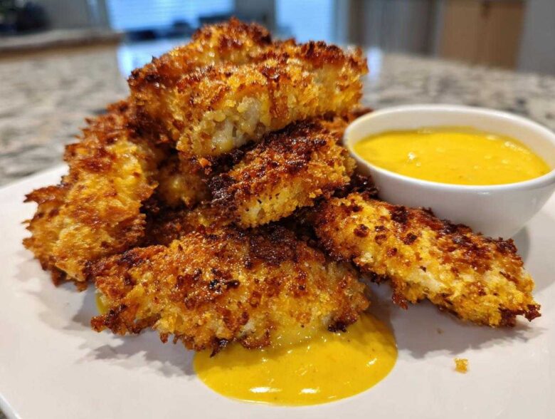 A pile of golden brown Crispy Chicken Tenders served with a side of bright yellow honey mustard sauce.