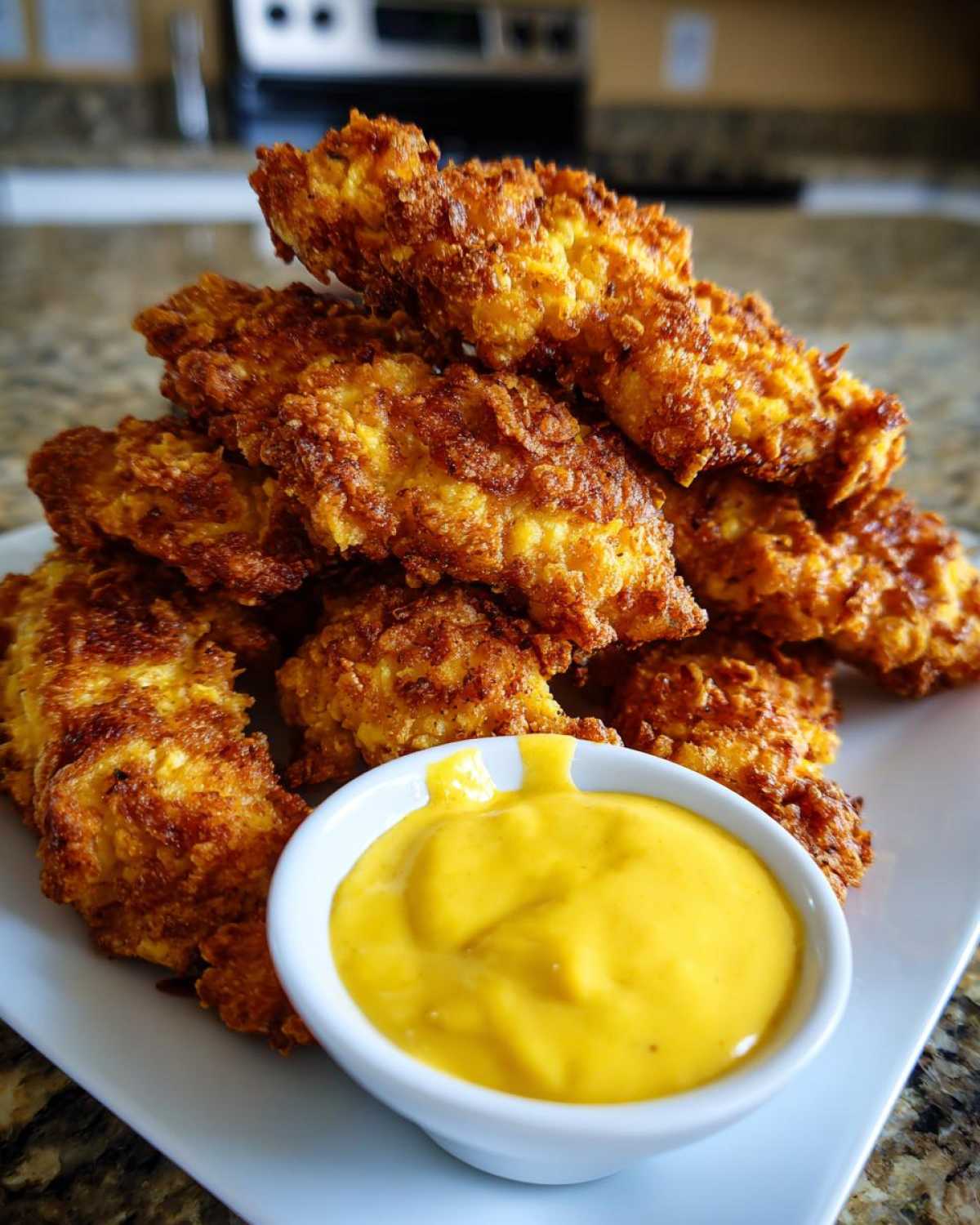 A pile of golden brown Crispy Chicken Tenders served with a small white bowl of bright yellow honey mustard sauce.