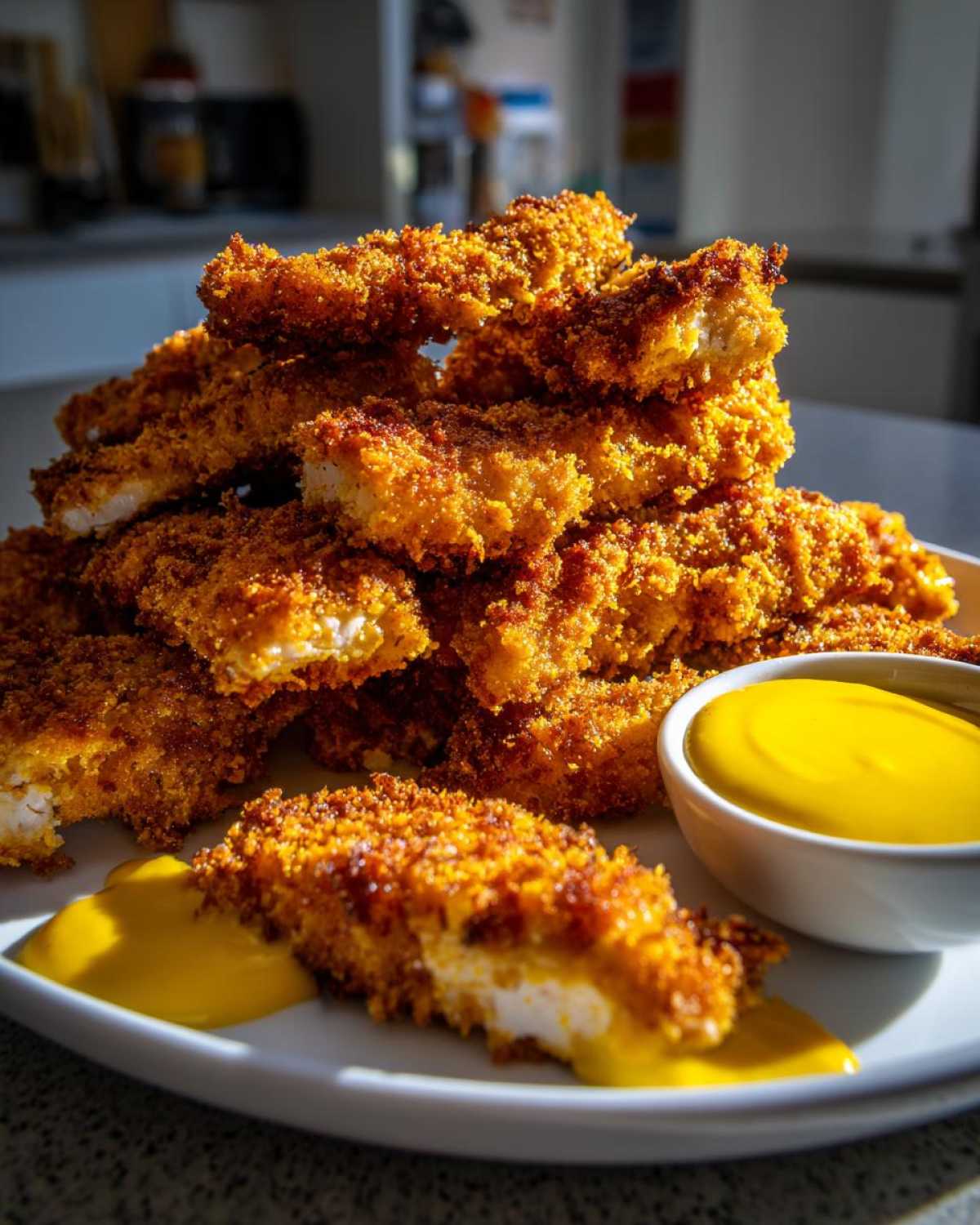 A tall stack of golden brown Crispy Chicken Tenders with Honey Mustard dipping sauce on a white plate.