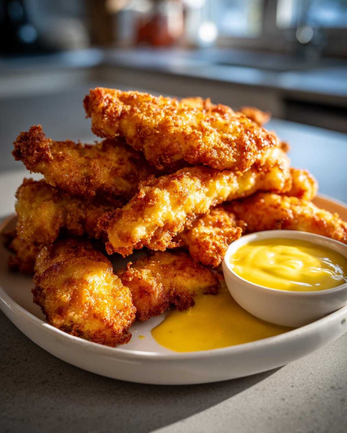 A stack of golden brown Crispy Chicken Tenders served with a side of bright yellow honey mustard sauce.