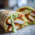 A delicious Crispy Chicken Wrap cut in half, showing crispy chicken strips, lettuce, tomato, and dripping creamy avocado sauce.