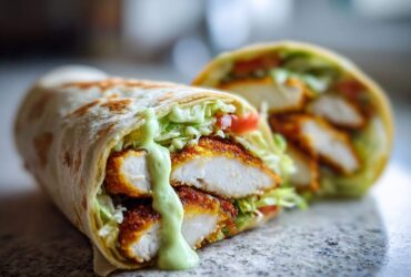 A delicious Crispy Chicken Wrap cut in half, showing crispy chicken strips, lettuce, tomato, and dripping creamy avocado sauce.
