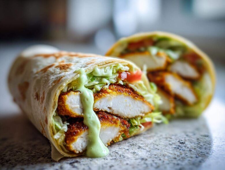 A delicious Crispy Chicken Wrap cut in half, showing crispy chicken strips, lettuce, tomato, and dripping creamy avocado sauce.