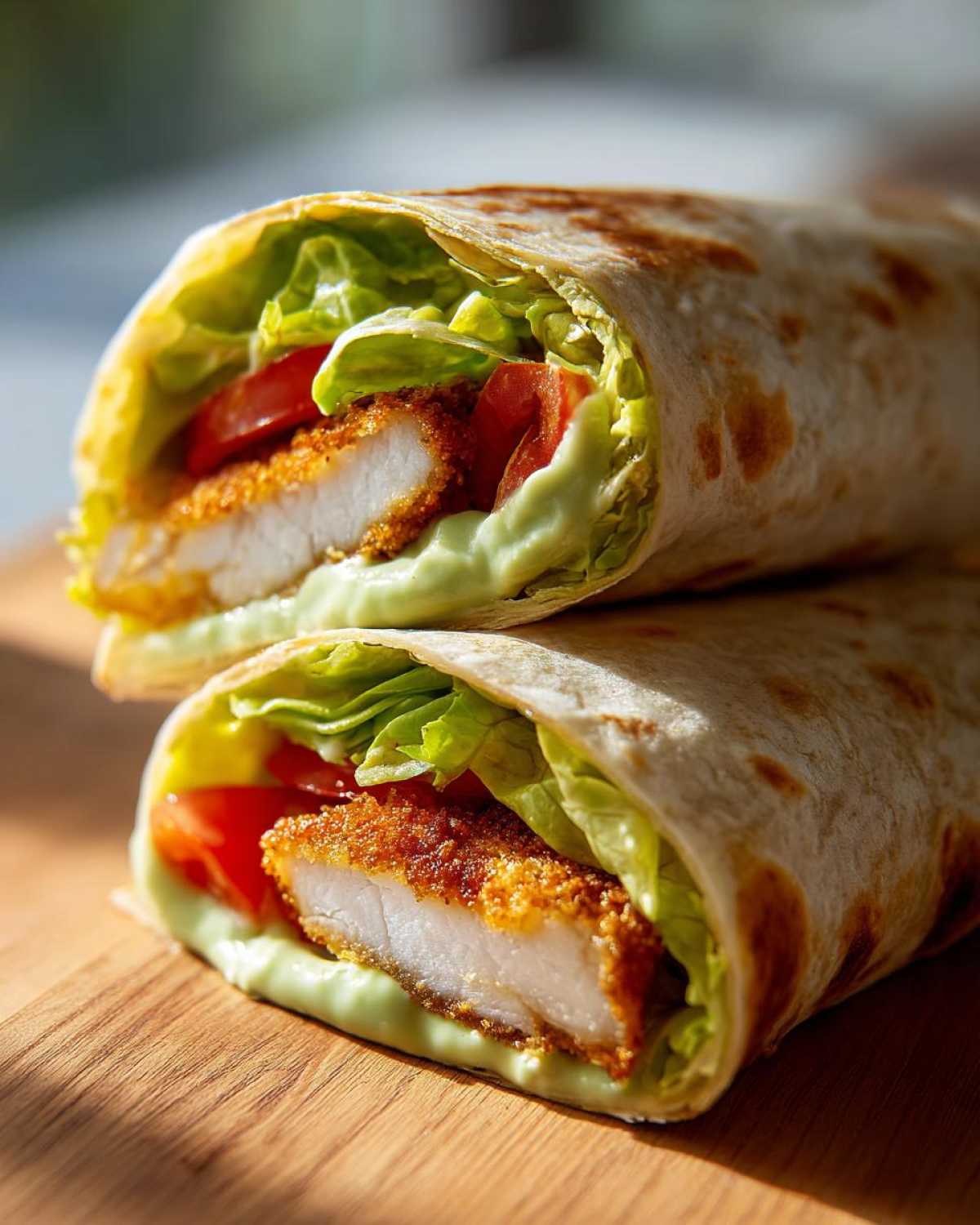 Two halves of a Crispy Chicken Wrap with Avocado Sauce stacked on a wooden board, showing crispy chicken, lettuce, and tomato.