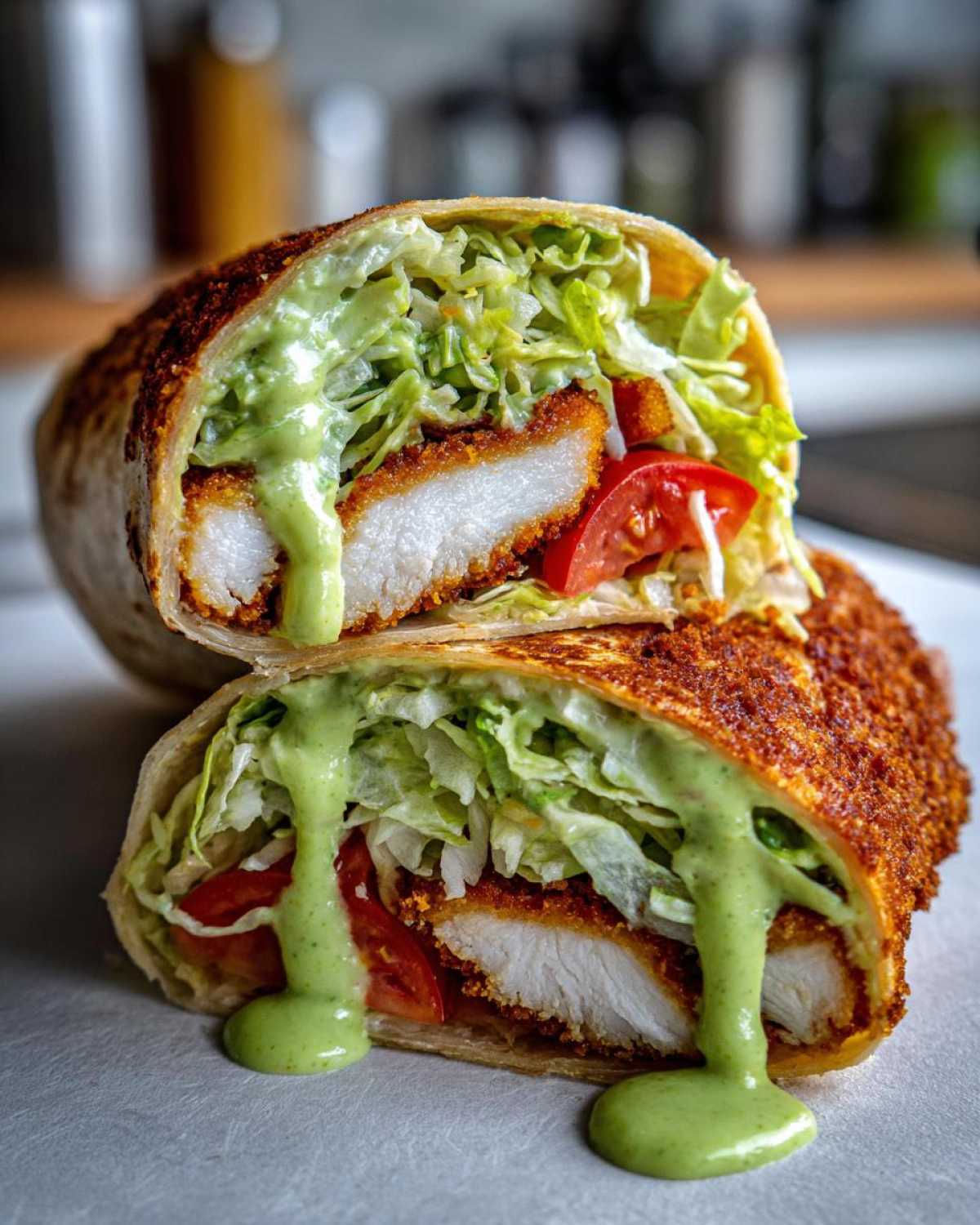 A cross-section view of a Crispy Chicken Wrap with Creamy Avocado Sauce, showing fried chicken, lettuce, tomato, and dripping green sauce.
