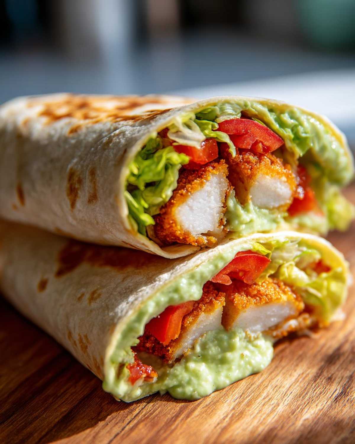 Close-up of a Crispy Chicken Wrap with Avocado Sauce cut in half, showing crispy chicken, lettuce, and tomato.