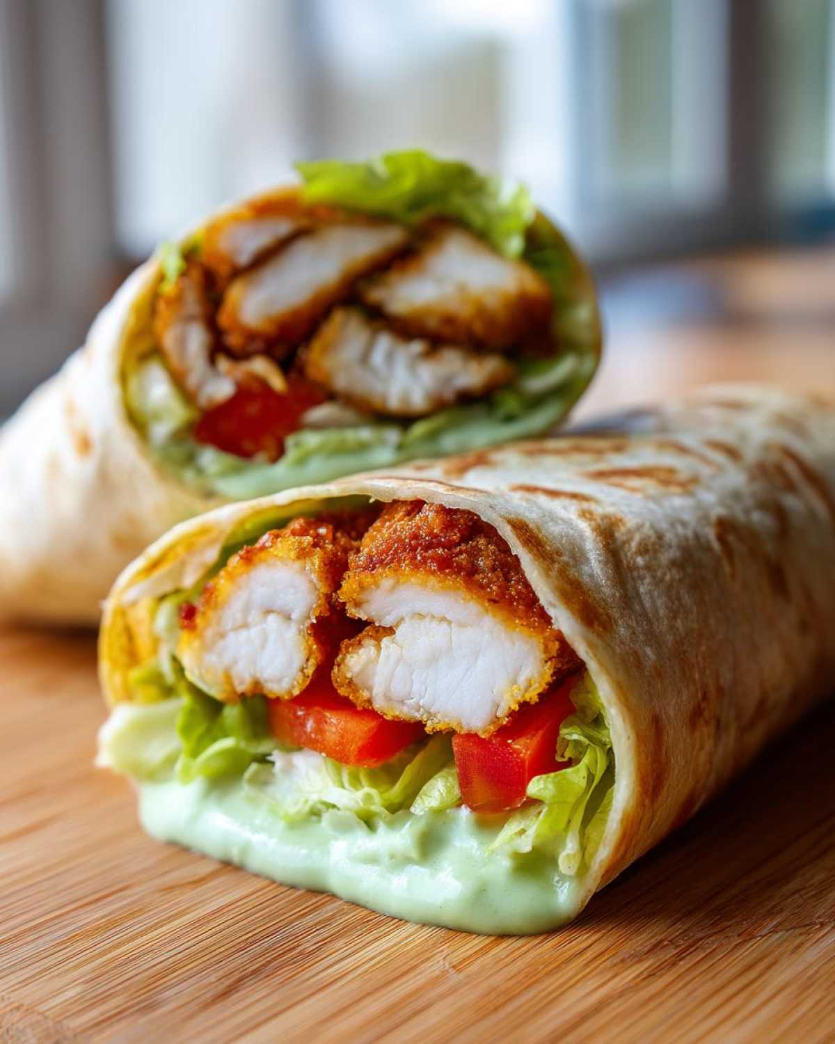 Two halves of a Crispy Chicken Wrap with Avocado Sauce, showing crispy chicken, lettuce, tomato, and creamy green sauce.