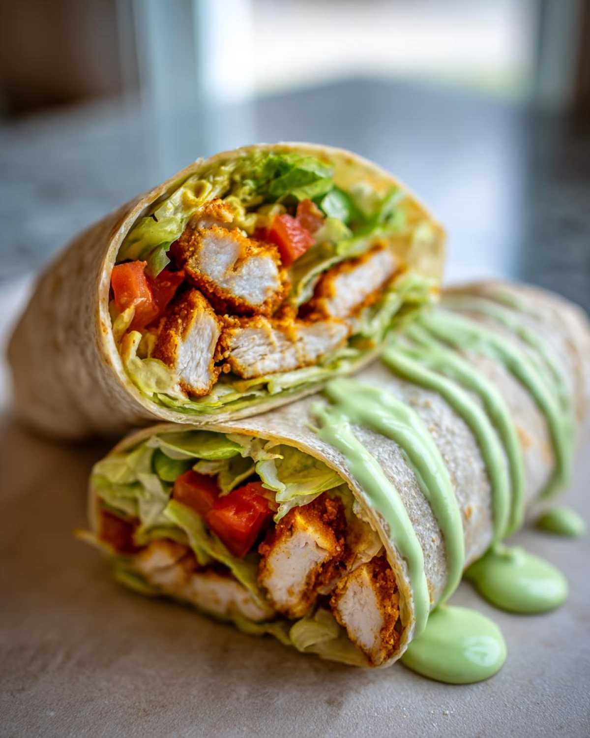 A halved Crispy Chicken Wrap with Creamy Avocado Sauce, showing crispy chicken, lettuce, and tomato filling.