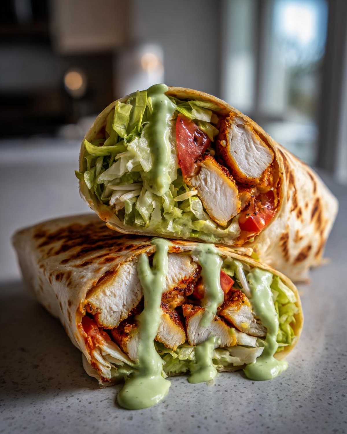 A Crispy Chicken Wrap with Creamy Avocado Sauce cut in half, showing crispy chicken, lettuce, and tomatoes.
