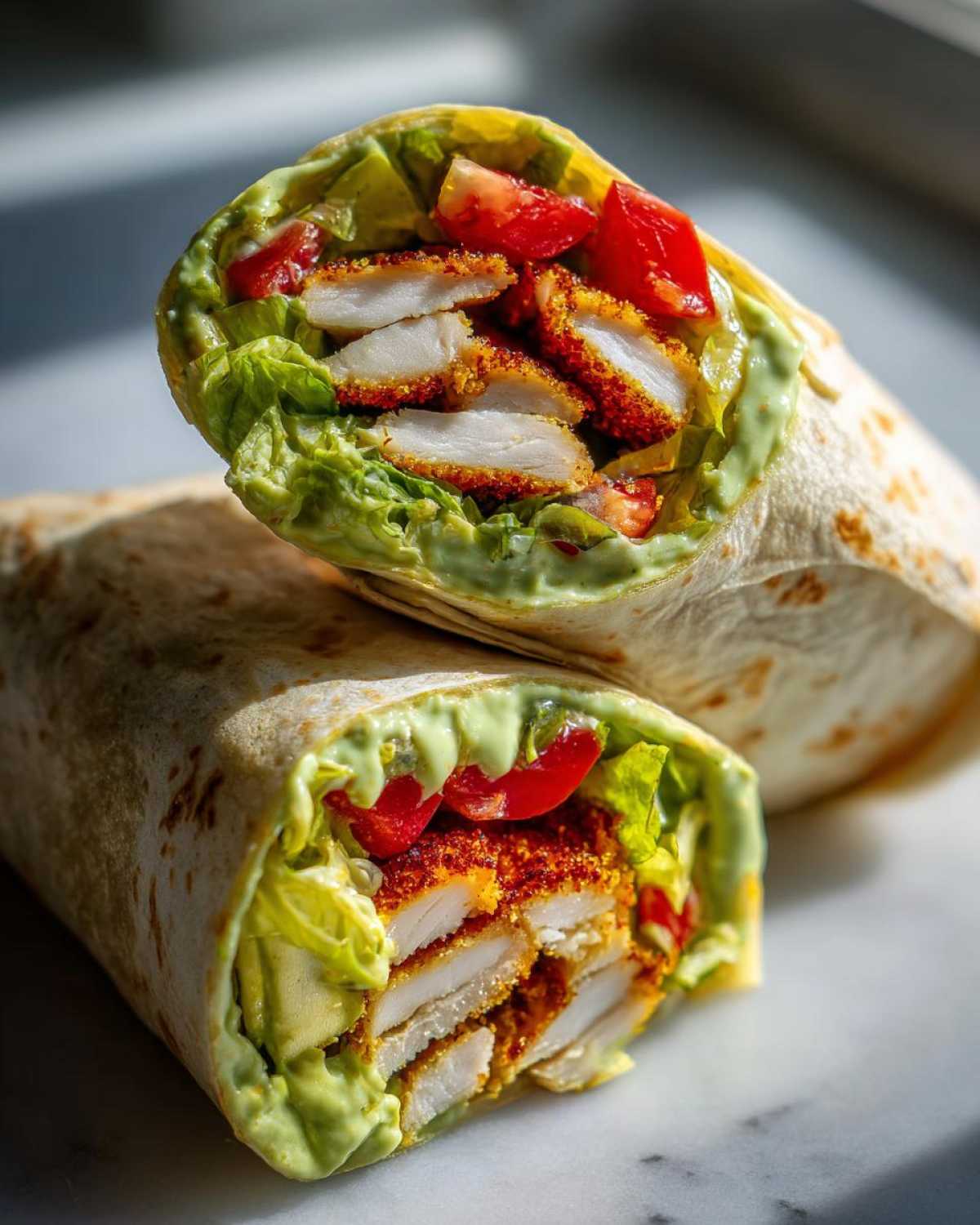 Two halves of a Crispy Chicken Wrap with Avocado Sauce, showing crispy chicken, lettuce, and tomatoes inside a tortilla.