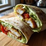 A halved Crispy Chicken Wrap showing crispy chicken strips, lettuce, tomato, and creamy avocado sauce inside a tortilla.