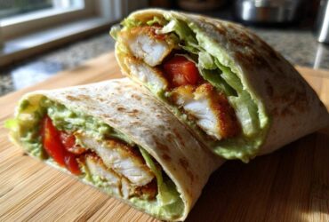 A halved Crispy Chicken Wrap showing crispy chicken strips, lettuce, tomato, and creamy avocado sauce inside a tortilla.