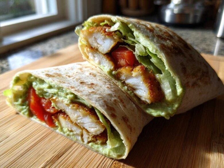 A halved Crispy Chicken Wrap showing crispy chicken strips, lettuce, tomato, and creamy avocado sauce inside a tortilla.