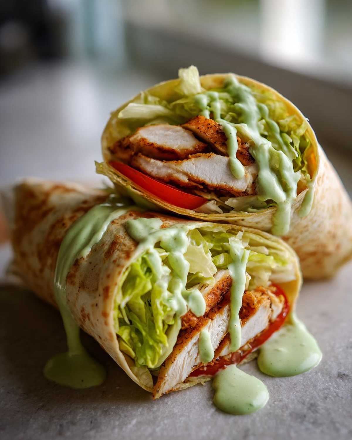 Two halves of a Crispy Chicken Wrap with Creamy Avocado Sauce drizzled over sliced chicken, lettuce, and tomato.