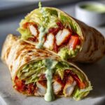 A close-up of a Crispy Chicken Wrap with Creamy Avocado Sauce cut in half, showing crispy chicken, lettuce, tomato, and sauce dripping.