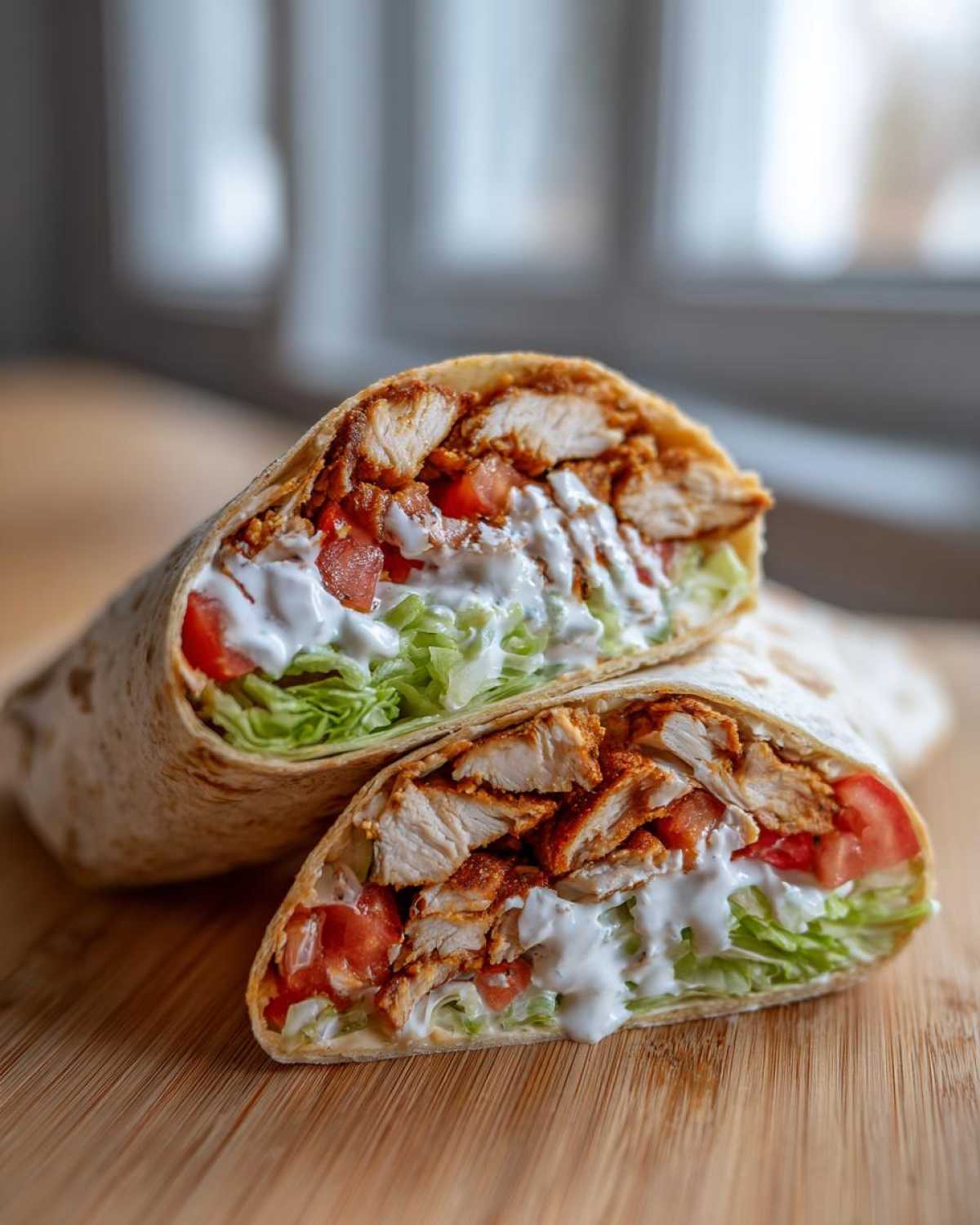 Two halves of a Crispy Chicken Wrap with Creamy Ranch Sauce, showing seasoned chicken, lettuce, and tomatoes inside a tortilla.