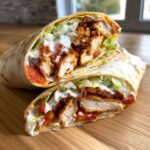 A cross-section view of a Crispy Chicken Wrap with Creamy Ranch Sauce, showing seasoned chicken, lettuce, tomato, and white sauce.
