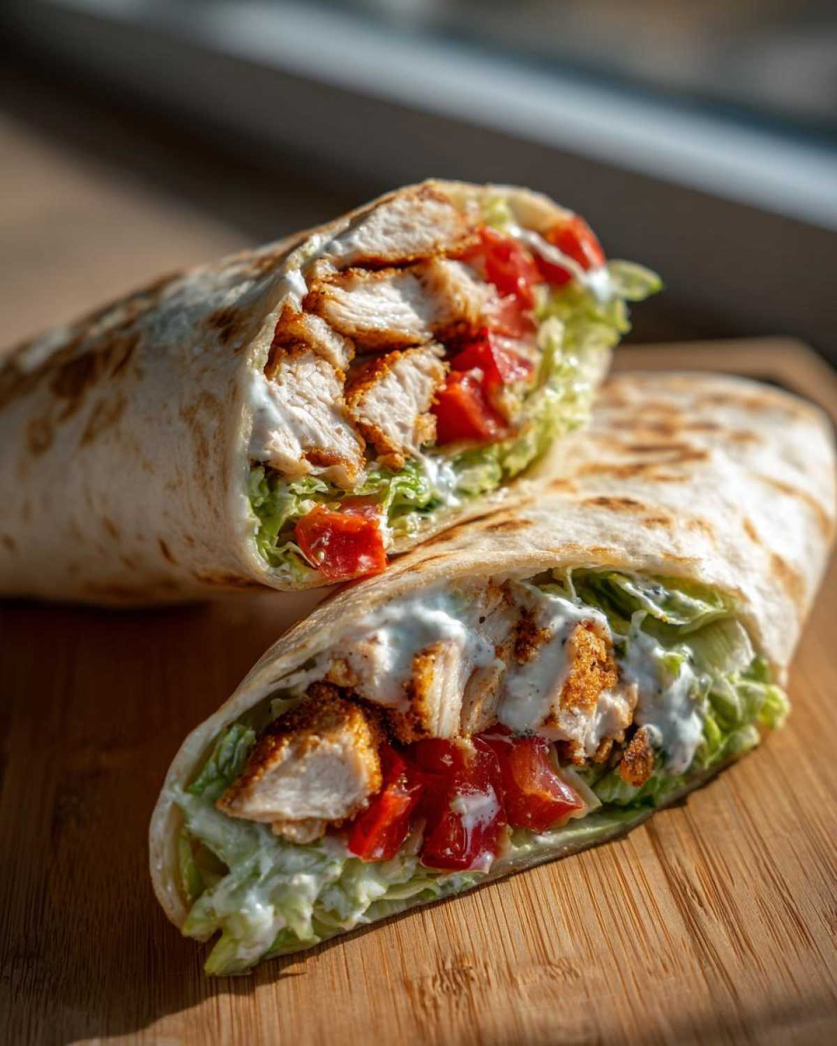 A crispy chicken wrap cut in half, showing crispy chicken, lettuce, tomatoes, and creamy ranch sauce.
