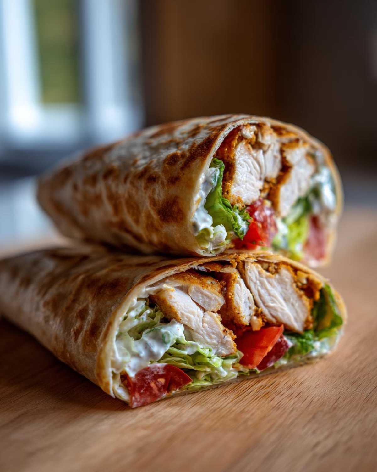 Two halves of a Crispy Chicken Wrap with Creamy Ranch Sauce, showing crispy chicken, lettuce, and tomato inside a toasted tortilla.