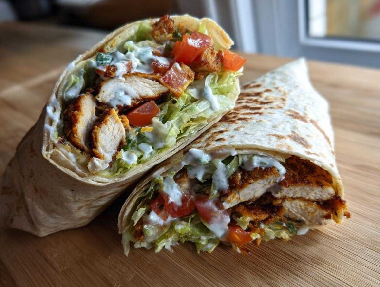 Two halves of a Crispy Chicken Wrap with Creamy Ranch Sauce, showing seasoned chicken, lettuce, and tomatoes inside a toasted tortilla.