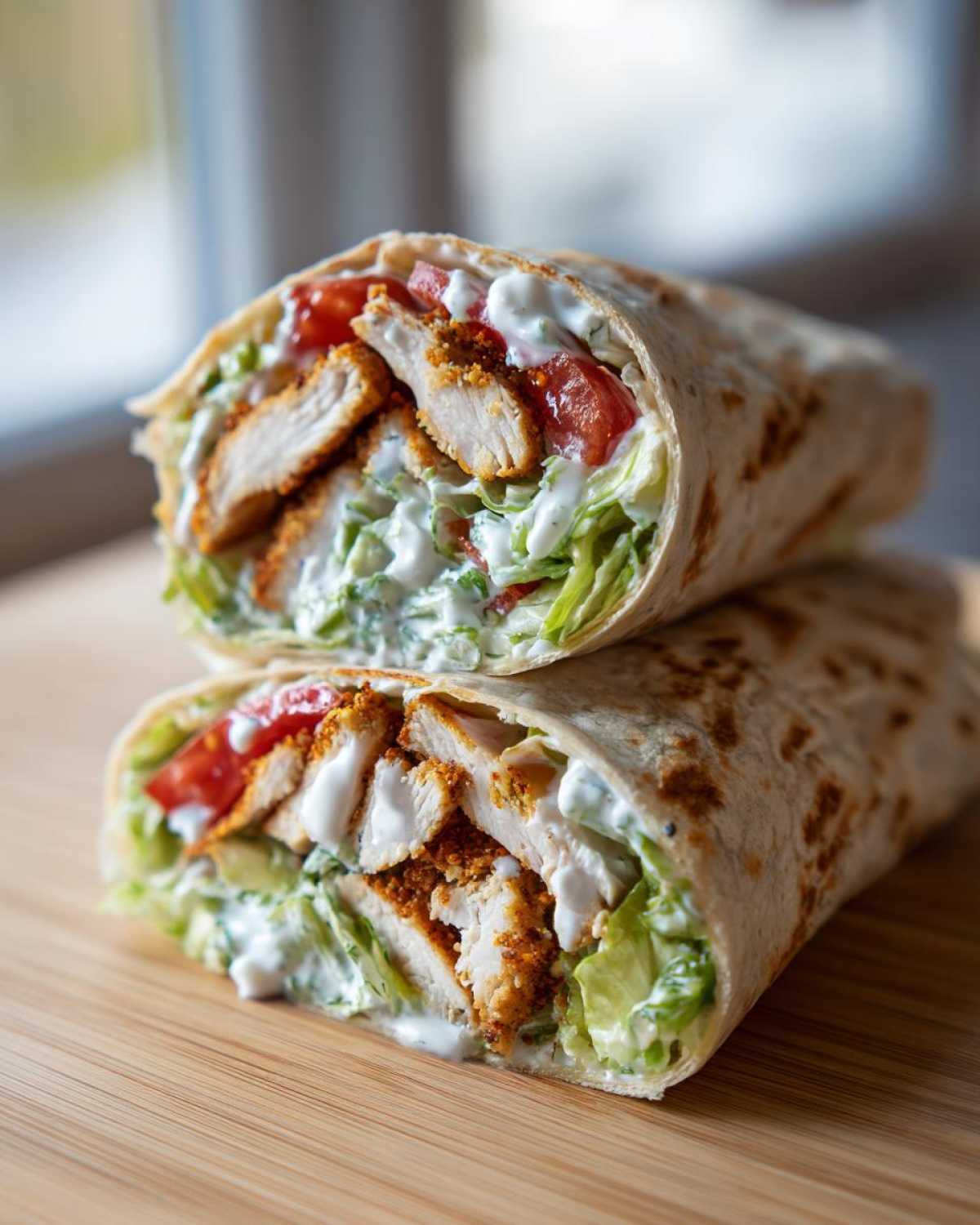Two halves of a Crispy Chicken Wrap with Creamy Ranch Sauce stacked, showing crispy chicken, lettuce, and tomatoes.