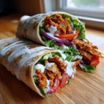 Two halves of a Crispy Chicken Wrap with Garlic Yogurt Sauce, filled with lettuce, tomato, and red onion, drizzled with sauce.