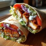 Close-up of a Crispy Chicken Wrap with Garlic Yogurt Sauce, showing crispy chicken, lettuce, tomato, and red onion.