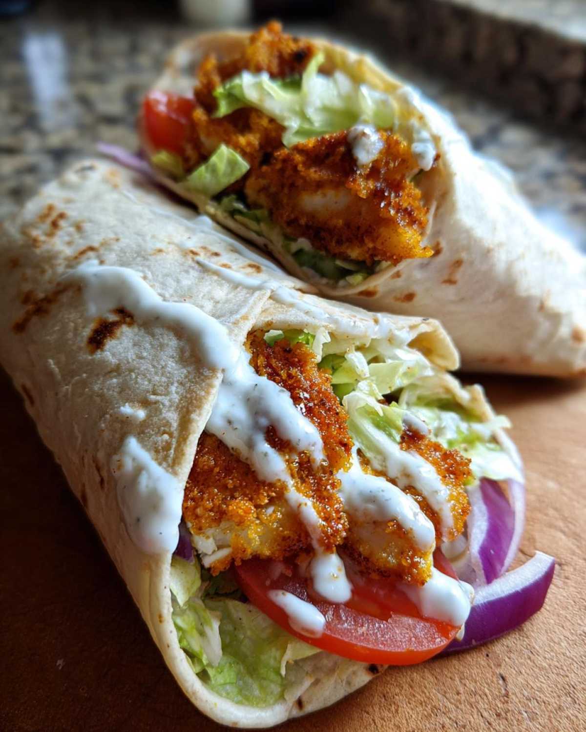 Two halves of a Crispy Chicken Wrap with Garlic Yogurt Sauce, filled with golden fried chicken, lettuce, tomato, and onion.