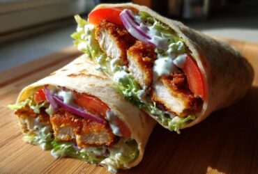 Close-up of a Crispy Chicken Wrap with Garlic Yogurt Sauce, showing crispy chicken, lettuce, tomato, and red onion.