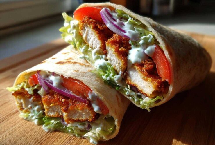 Close-up of a Crispy Chicken Wrap with Garlic Yogurt Sauce, showing crispy chicken, lettuce, tomato, and red onion.
