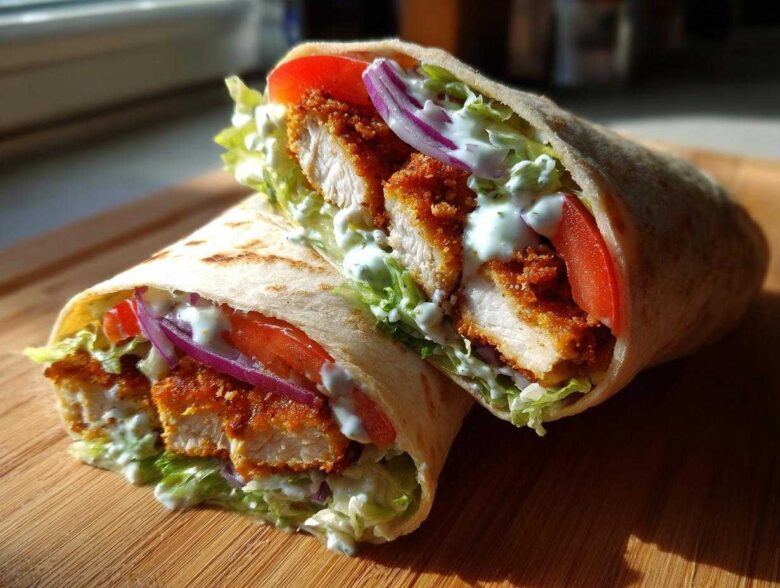 Close-up of a Crispy Chicken Wrap with Garlic Yogurt Sauce, showing crispy chicken, lettuce, tomato, and red onion.