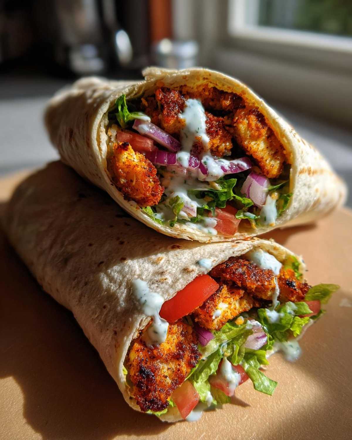 Two halves of a Crispy Chicken Wrap with Garlic Yogurt Sauce, showing seasoned chicken, lettuce, tomato, and red onion.