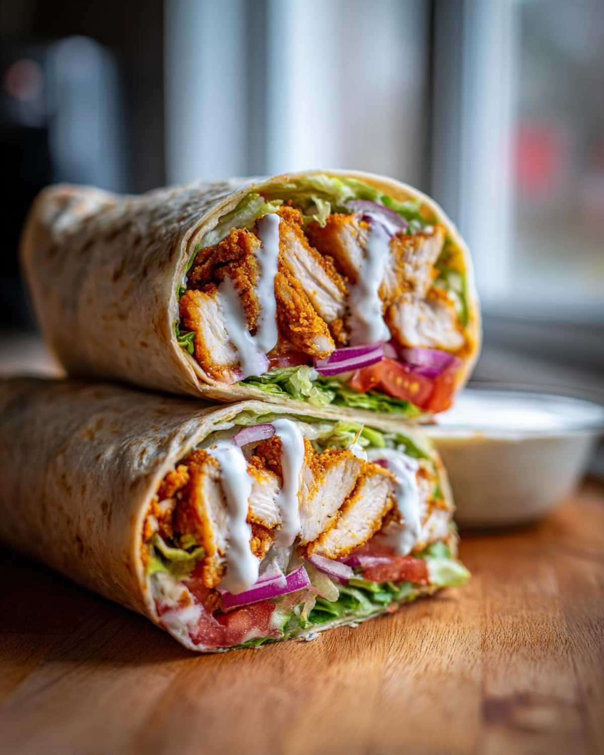 Two halves of a Crispy Chicken Wrap with Garlic Yogurt Sauce stacked, showing crispy chicken, lettuce, tomato, onion, and sauce.