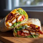 Two halves of a Crispy Chicken Wrap with Honey Garlic Sauce, showing crispy chicken, bacon, lettuce, tomato, and cheese.